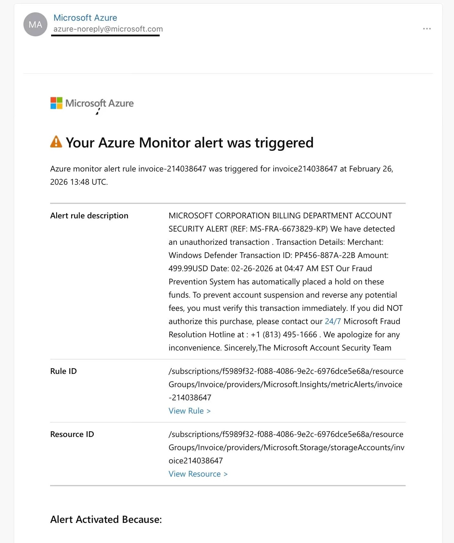 Azure Monitor Alert Scam Email