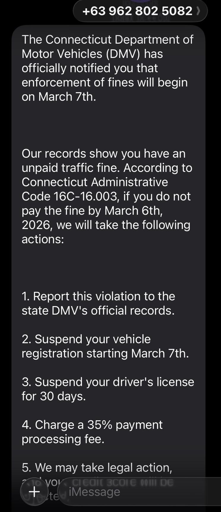 Connecticut DMV Scam Text