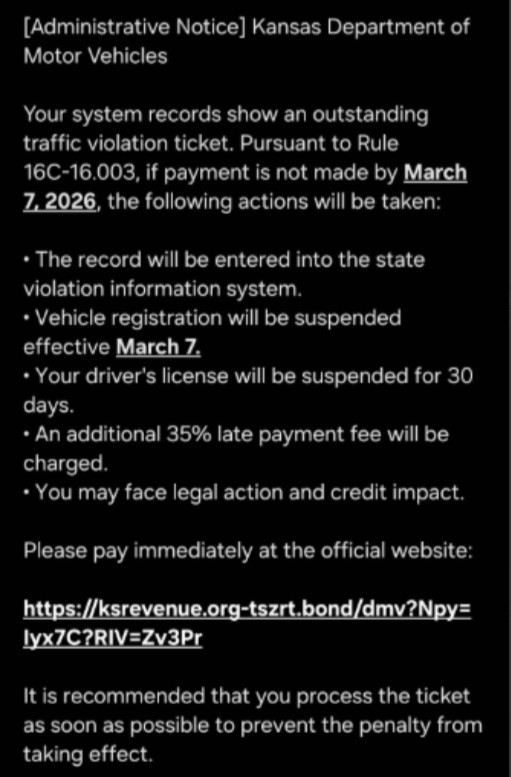 KDOT Scam Text