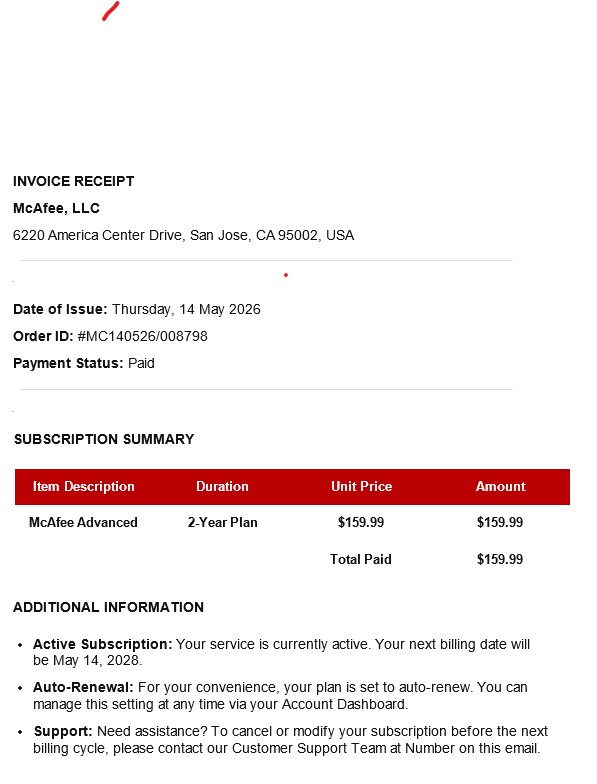 McAfee Invoice Subscription Email Scam