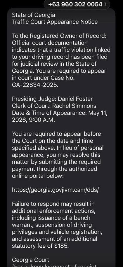 Daniel Foster Traffic Violation Court Text Scam