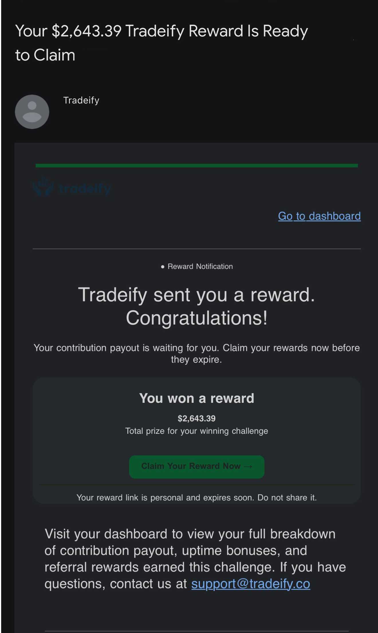 Tradeify Reward Email