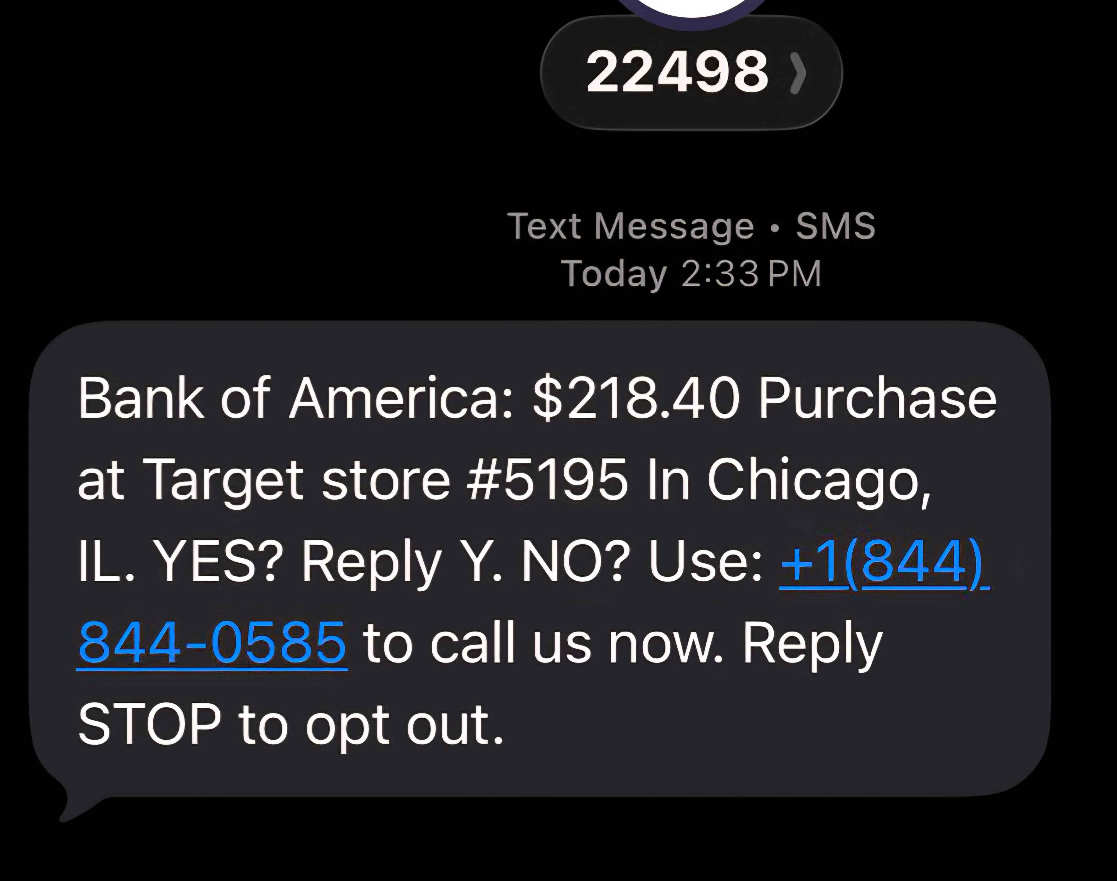 Text Message Bank of America 844-844-0585 Scam from 22498