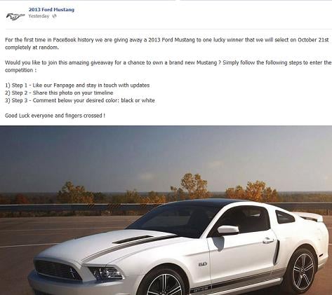 2013 Ford Mustang Facebook Giveaway Scam