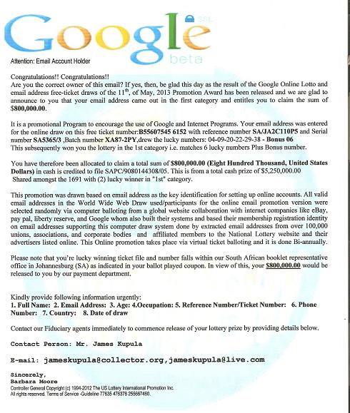 Fraudulent Google Online Lottery and Email Address Free Ticket Draws Promotion