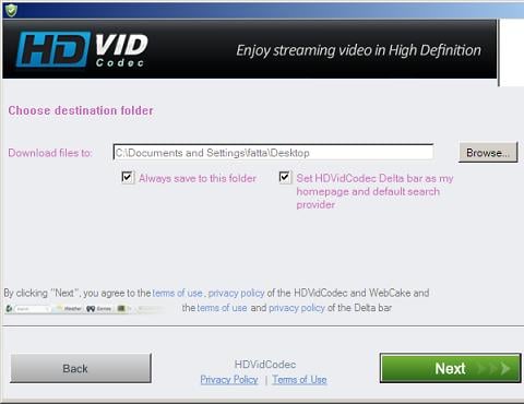 HDvidCodec Installation screen