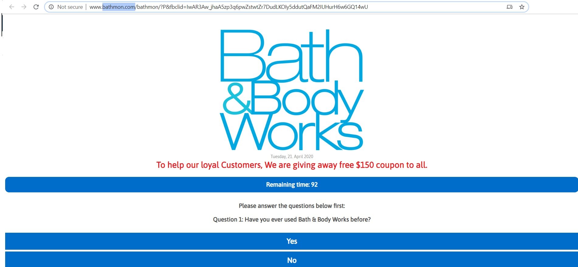 Fake Bath & Body $150 Coupon Facebook Scam Website