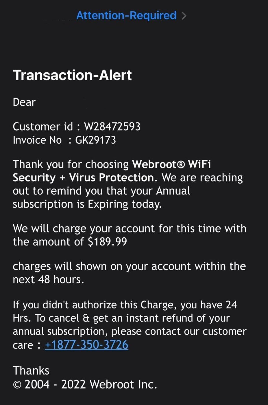 Webroot Subscription Scam E​mail